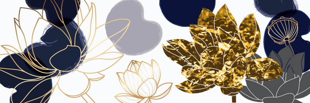 Luxury blue litus background vector with golden metallic decorate wall art