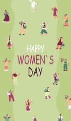 set mix race women holding bouquets womens day 8 march holiday celebration concept lettering greeting card vertical full length vector illustration