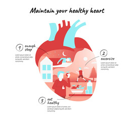 Infographic about Prevention of cardiovascular deseases. shows people running, eat fruit and vegetable, and sleep, in heart shape.