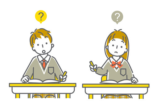 勉強中に首をかしげる高校生の線画イラスト素材 男女セット Stock Illustration Adobe Stock