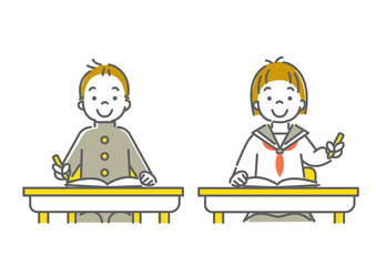楽しく勉強する中学生の線画イラスト素材　男女セット