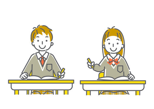 楽しく勉強する高校生の線画イラスト素材 男女セット Stock イラスト Adobe Stock