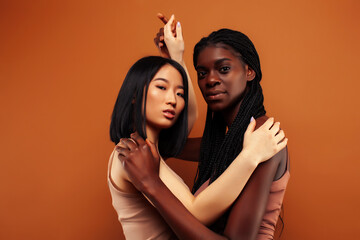 young pretty asian and afro woman posing cheerful together on brown background, lifestyle diverse...