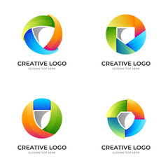 set shield logo, shield and circle, combination logo with 3d colorful style