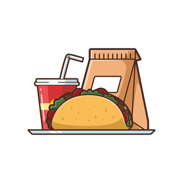 Illustration of Taco and Soft Drink Takeaway Menu, Vector Cartoon Isolated - Foods and Drinks Illustration Cartoon Style.