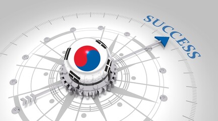 Business concept. Abstract compass points to the success word. Flag of South Korea. 3D rendering