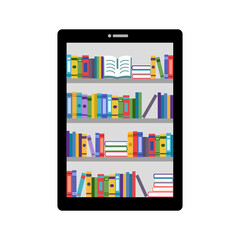 E-library on tablet device in flat design. Online digital library, Ebook, E-learning, online education. People love reading campaign.