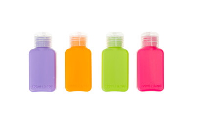 Multi-colored plastic bottles, containers isolated on white background