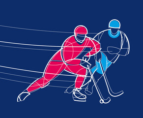 Plakat Bandy athletes. Stylish graphics on a dark background. Linear geometric design