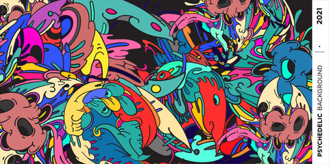 Fototapeta premium Psychedelic colorful vector hand drawn doodle illustration background for poster and banner