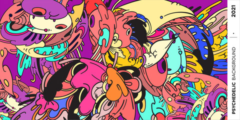 Psychedelic colorful vector hand drawn doodle illustration background for poster and banner