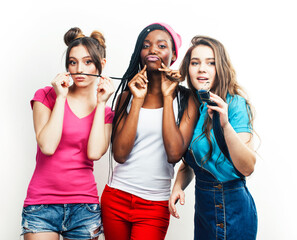 diverse multi nation girls group, teenage friends company cheerful having fun, happy smiling, cute posing isolated on white background, lifestyle people concept, african-american and caucasian
