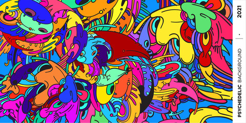 Psychedelic colorful vector hand drawn doodle illustration background for poster and banner