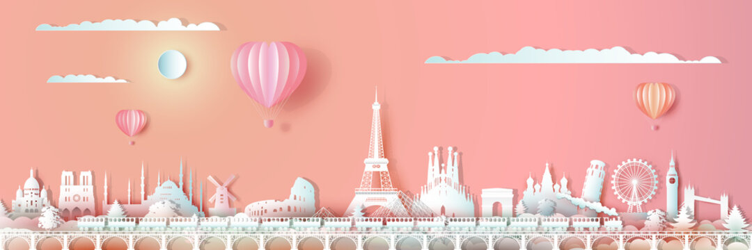 Traveling Europe landmarks of world with train and ballon.