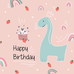 Fototapeta premium cute card with dinosaur in flat style. vector drawing with cute animals. greeting card for children.