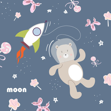 vector card with a bear in space. cute baby picture with a rocket, lollipops and balloons.