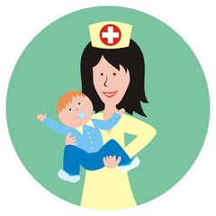 Nurse, woman with baby boy, vector illustration at circle green background