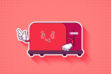 YUM, TONGUE, CHEERFUL Face Emotion. Forefinger Handgun Gesture. Toaster Cartoon Drawing Mascot Illustration.