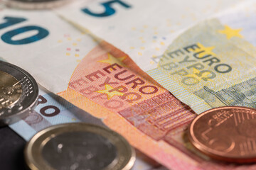 Euro Banknotes with coins. Europe Finance system. Inflation of Euro Currency. Commerce in EU