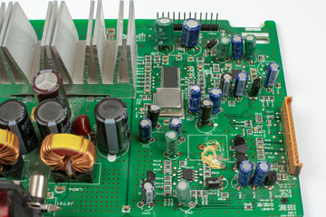 personal computer motherboard top view on white background