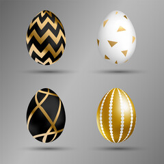 Easter golden eggs set. Luxury eggs with different black, gold and white ornament. Spring holiday. Realistic vector illustration. For greeting card, promotion, poster, flyer, banner, social media.