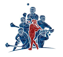 Irish Hurley Sport. Group of Hurling Sport Players Action.  Cartoon Graphic Vector.	