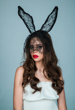 Rabbit Easter girl. Sexy fashion portrait woman in bunny mask. Sensual seductive.