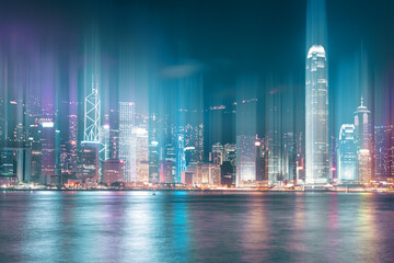 View on Hong Kong cityline with motion light trails