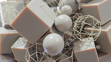 Abstract art of cubes, spheres and wireframe objects