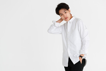 Half length shot portrait of a handsome good looking tomboy, a girl who loves to be a man, on white...