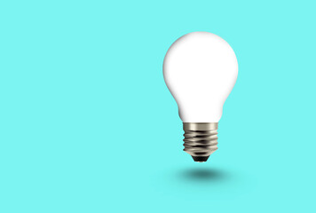 white light bulb in bright blue background. three-dimensional Light-bulb standing vertically with shadow, 3d  presentation, front view, bulb idea 