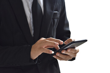 Close up of man using mobile smartphone isolated on white background. with clipping path.