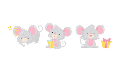 Cute Mouse Sleeping and Drinking Juice Vector Set