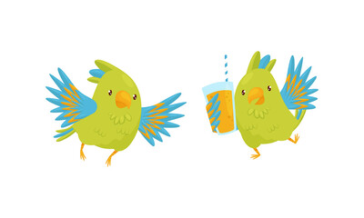 Cute Green Parrot Flying and Holding Glass with Juice Vector Set