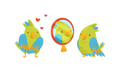 Cute Green Parrot Looking in the Mirror and Feeling Love Vector Set