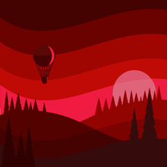 Red sunset in the mountains . A flying balloon. Background vector illustration.