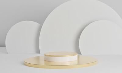3D rendering golden podium with White sphere on white background.Realistic gold stage podium.Gold metallic Mock Up Stand.