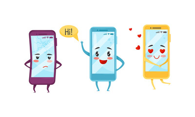 Cartoon Smartphone with Arms and Legs Feeling Sad and Greeting Vector Set
