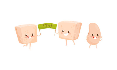 Cute Humanized Soy Food with Tofu and Bean Smiling and Holding Placard Vector Set