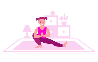 Little girl practices yoga on the background of the interior of the room. The concept of gymnastics, a healthy lifestyle for children. Vector illustrations in flat style.