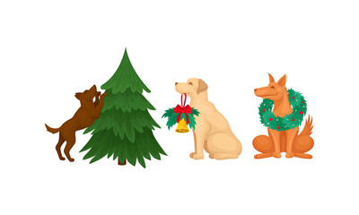 Domestic Dog Pet with Christmas Symbols Vector Set