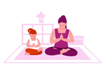 Mother and daughter do yoga at home. Home interior. The concept of family fitness classes and a healthy lifestyle. Vector illustration in flat cartoon style.