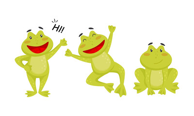 Fototapeta premium Cute Green Frog Jumping and Greeting Vector Set