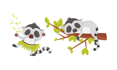 Cute Lemur as Primate with Long Striped Tail Dancing, Singing and Sleeping on Tree Branch Vector Set