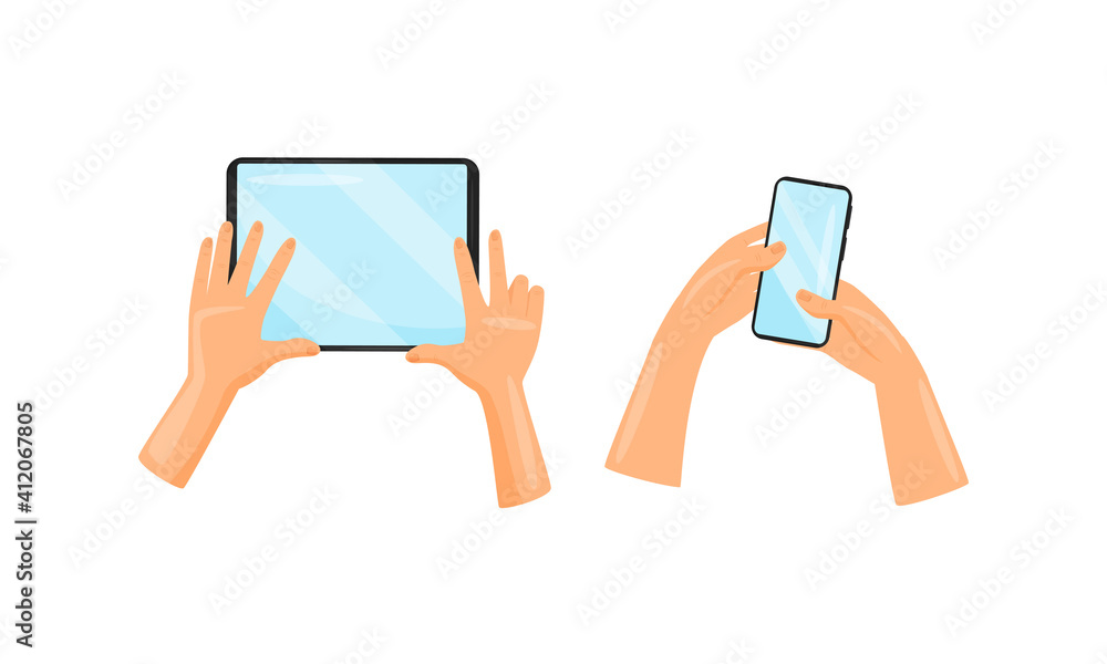 Aufkleber hands holding and using tablet pc and smartphone as wireless gadget with sensory display vector set