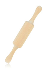 Wooden rolling pin isolated on a white background, close-up. Kitchen utensils for baking