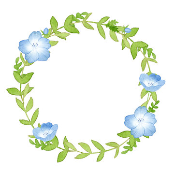 Watercolor blue flower frame. A collection of flowers with isolated flowers and leaves in a circle frame. — nemophila