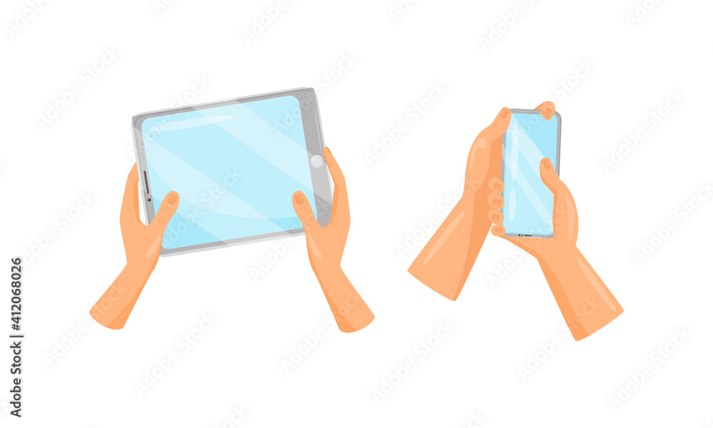 Poster hands holding and using tablet pc and smartphone as wireless gadget with sensory display vector set