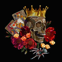 Embroidery human skull, golden crown, spider, playing cards and red roses flowers. Medieval fairy tale. Fashion clothes template and t-shirt design. Dark gothic halloween art