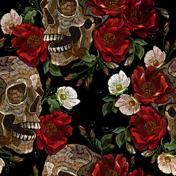Embroidery human skull, red roses and white flowers. Seamless pattern. Fashion clothes template and t-shirt design. Dark gothic art. Halloween art. Medieval style